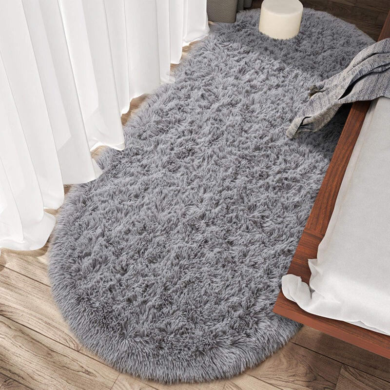 junovo Ultra Soft Washable Shaggy Rug - Non-Slip Oval Carpet for Nursery, Kids Bedroom & Home Decor (2.6x5.3ft Grey) | Plush Fluffy Floor Mat for Cozy Living Spaces - Image 3